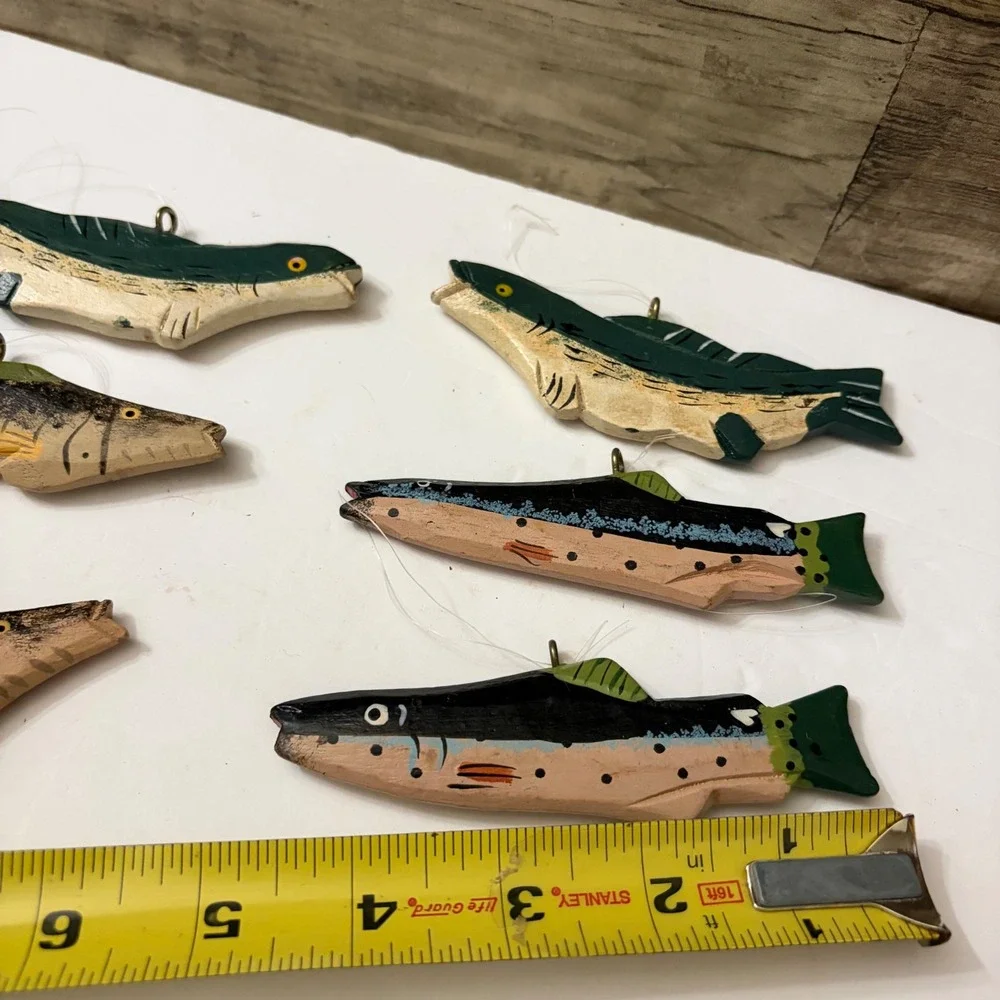 Vintage Hand Painted Wooden Fish Ornaments Set of 6 Cabin Lodge Decor 4 Inch